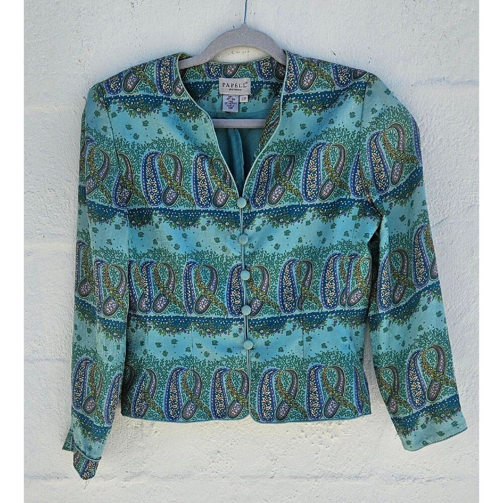 Papell Vintage Blazer Womens Petite 10 Blue Paisley Silk Cropped Jacket Retro